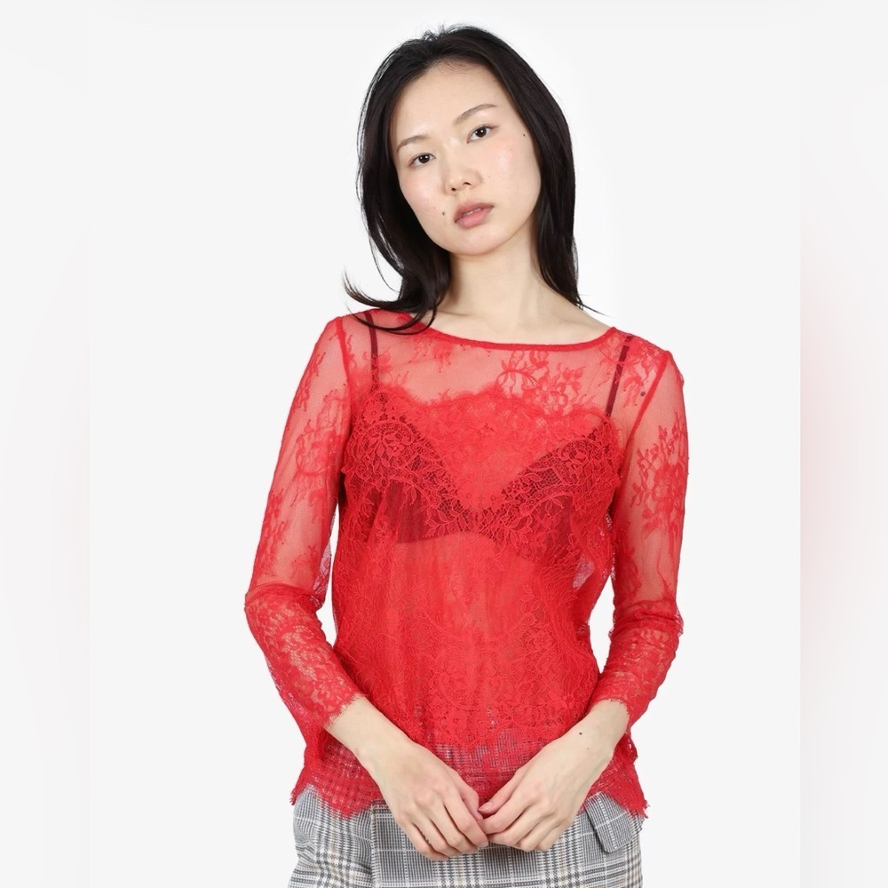The Kooples Red Sheer‎ Floral Lace Long Sleeve Top Size Small